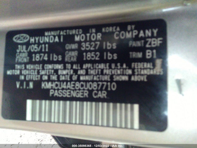 2012 HYUNDAI ACCENT GLS VIN: KMHCU4AE8CU087710