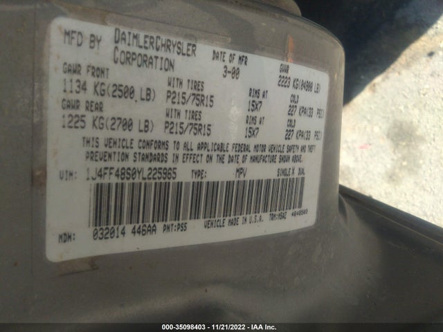 Jeep Cherokee 2000 1J4FF48S0YL225965 Image 10