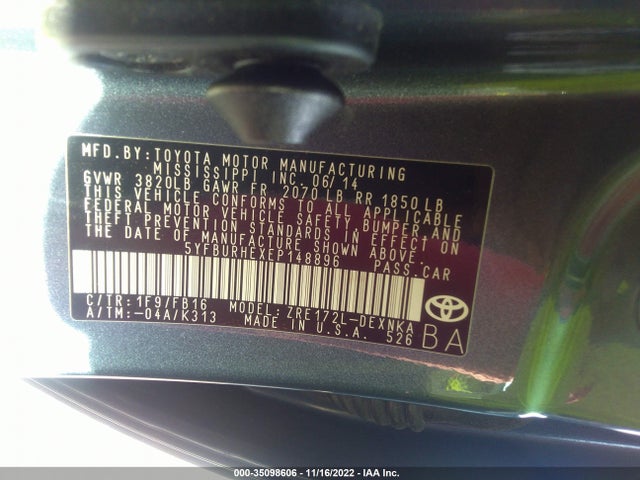 2014 TOYOTA COROLLA L/LE/S/S PLUS/LE PLUS VIN: 5YFBURHEXEP148896