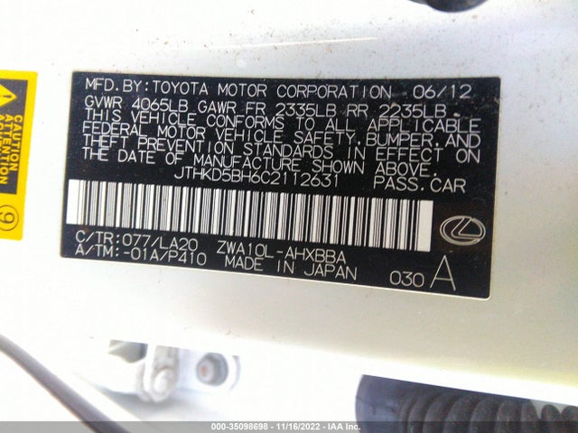 JTHKD5BH6C2112631 Lexus CT 200H
