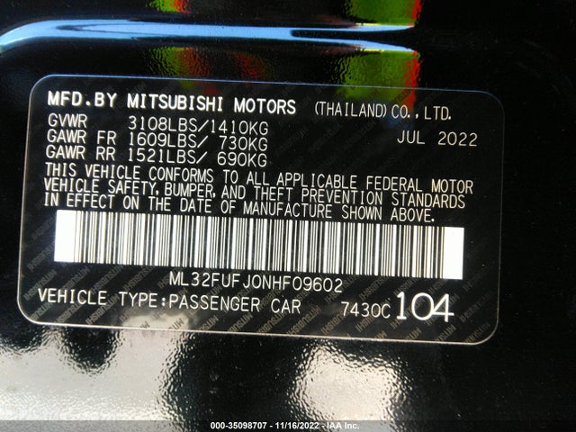 2022 Mitsubishi Mirage, VIN: ML32FUFJ0NHF09602