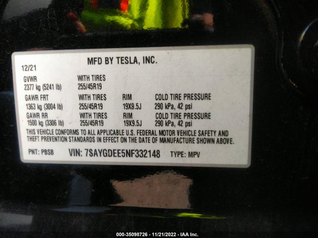 Tesla Model Y Long Range 2022 7SAYGDEE5NF332148 Image 10