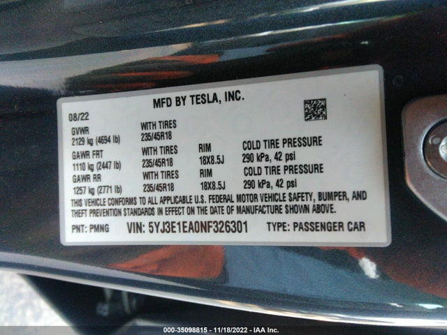 Tesla MODEL 3 2022 5YJ3E1EA0NF326301 Image 9