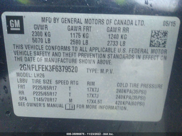 Chevrolet EQUINOX LT 2015 2GNFLFEK3F6379520 Image 9