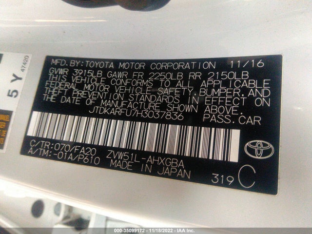2017 Toyota Prius, VIN: JTDKARFU7H3037836