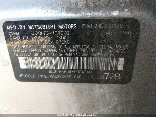 ML32A3HJ4KH004340 Mitsubishi Mirage Es/rf