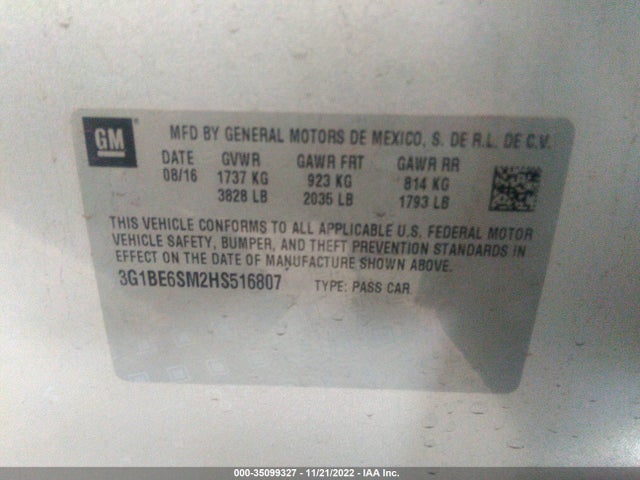 Chevrolet CRUZE LT 2017 3G1BE6SM2HS516807 Image 10