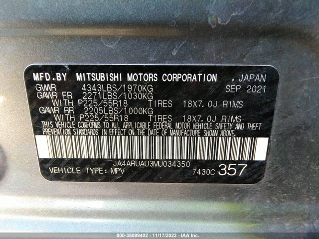 JA4ARUAU3MU034350 Mitsubishi Outlander Sport Es/se/le/be