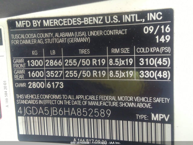 2017 Mercedes-Benz GLE-Class, VIN: 4JGDA5JB6HA852589
