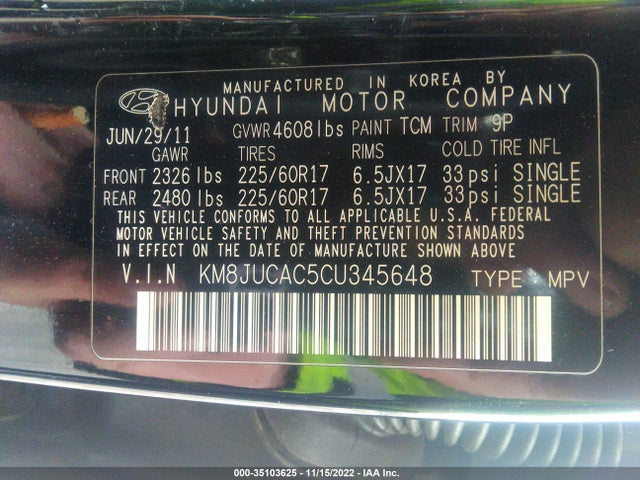 2012 HYUNDAI TUCSON GLS PZEV VIN: KM8JUCAC5CU345648