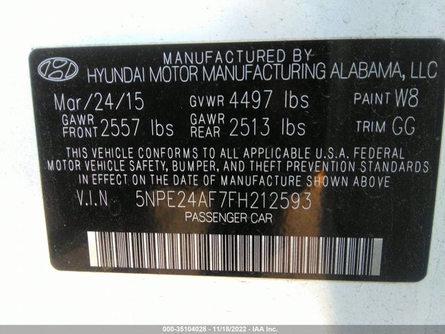 2015 HYUNDAI SONATA 2.4L SE VIN: 5NPE24AF7FH212593