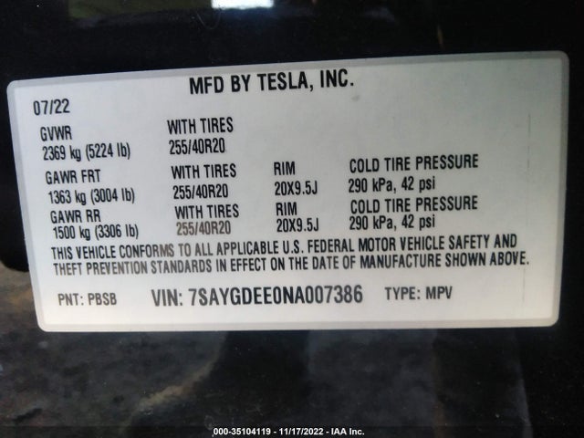 2022 TESLA MODEL Y LONG RANGE VIN: 7SAYGDEE0NA007386