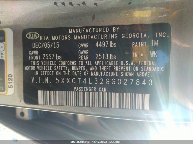 2016 Kia Optima, VIN: 5XXGT4L32GG027843