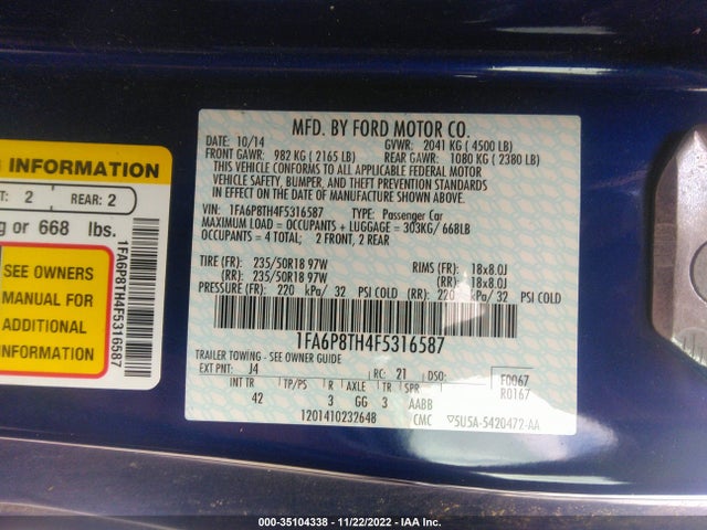 2015 FORD MUSTANG ECOBOOST VIN: 1FA6P8TH4F5316587