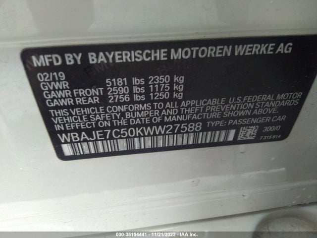 2019 BMW 5 Series, VIN: WBAJE7C50KWW27588
