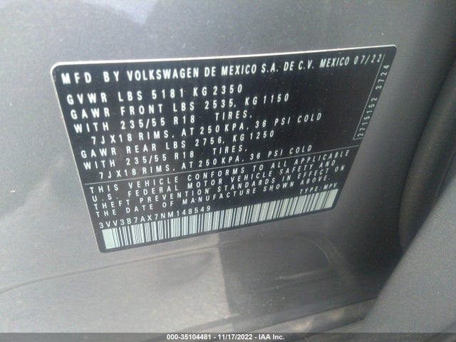 2022 Volkswagen Tiguan, VIN: 3VV3B7AX7NM148549