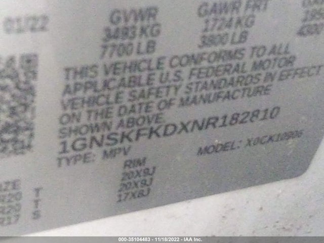 2022 Chevrolet Suburban, VIN: 1GNSKFKDXNR182810