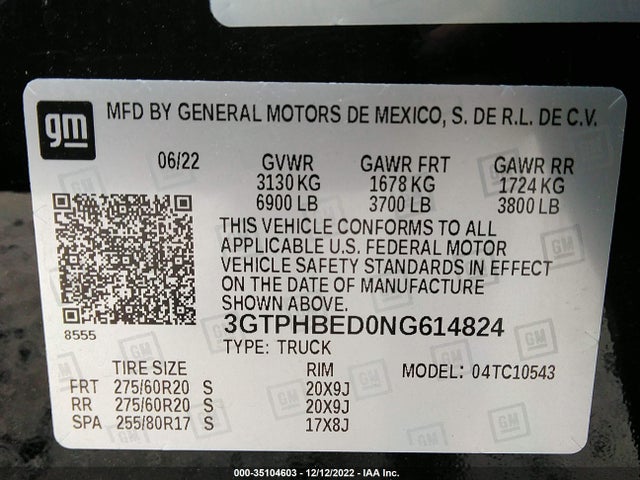2022 GMC Sierra 1500, VIN: 3GTPHBED0NG614824
