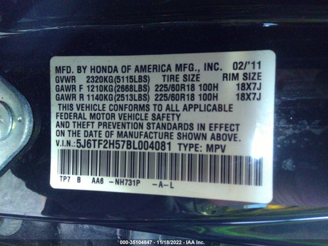 2011 HONDA ACCORD CROSSTOUR EX-L VIN: 5J6TF2H57BL004081