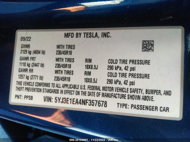 Tesla MODEL 3 2022 5YJ3E1EA4NF357678 Image 9