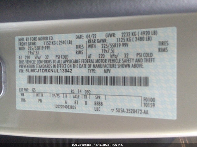 2022 Lincoln Corsair, VIN: 5LMCJ1D9XNUL13042