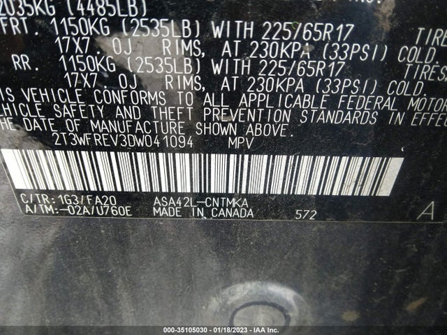 2013 TOYOTA RAV4 XLE VIN: 2T3WFREV3DW041094
