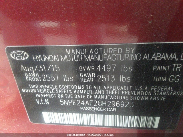 2016 Hyundai Sonata, VIN: 5NPE24AF2GH296923
