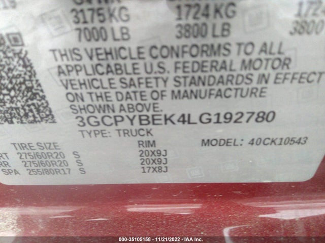 2020 CHEVROLET SILVERADO 1500 CUSTOM VIN: 3GCPYBEK4LG192780
