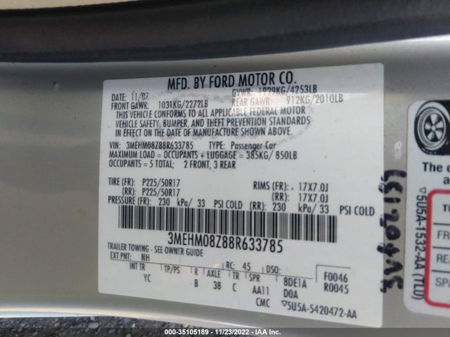 2008 MERCURY MILAN PREMIER VIN: 3MEHM08Z88R633785