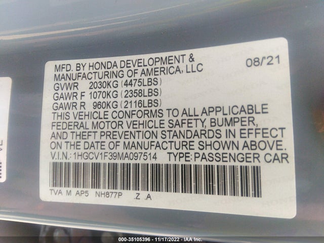 2021 HONDA ACCORD SEDAN SPORT VIN: 1HGCV1F39MA097514