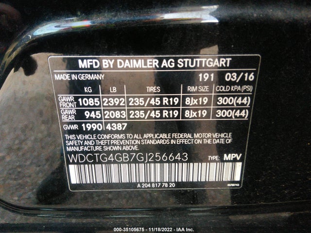 2016 Mercedes-Benz GLA-Class, VIN: WDCTG4GB7GJ256643
