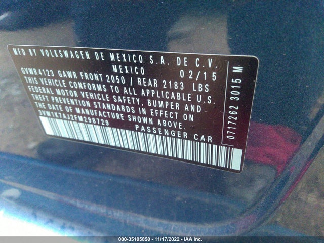 Volkswagen Jetta Sedan 2.0l S W/technology 2015 3VW1K7AJ2FM298729 Image 9