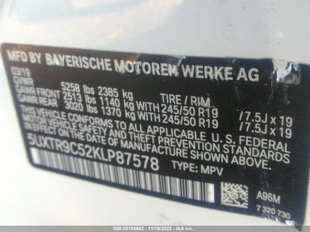 2019 BMW X3, VIN: 5UXTR9C52KLP87578