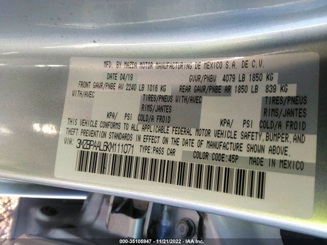 2019 Mazda 3, VIN: 3MZBPAAL6KM111071