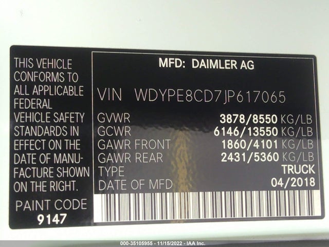 2018 Mercedes-Benz Sprinter, VIN: WDYPE8CD7JP617065