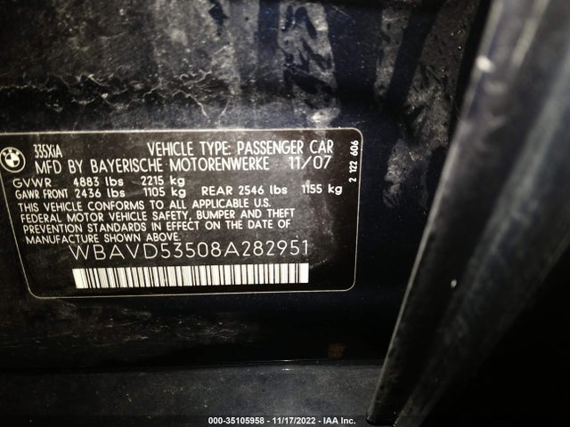BMW 3 Series 335xi 2008 WBAVD53508A282951 Image 10