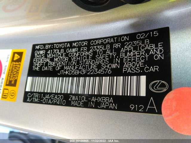 2015 Lexus CT, VIN: JTHKD5BH3F2234576