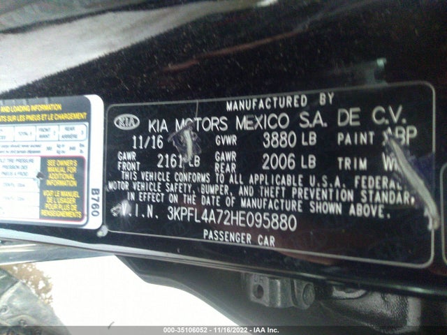 2017 KIA FORTE LX VIN: 3KPFL4A72HE095880