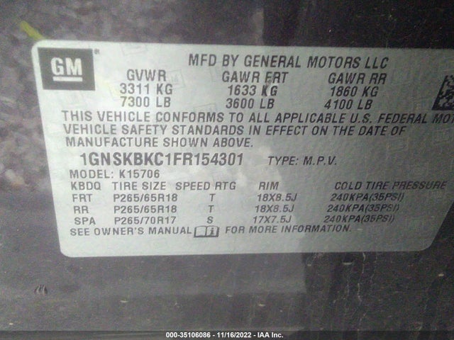 2015 Chevrolet Tahoe, VIN: 1GNSKBKC1FR154301