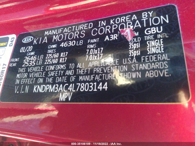 2020 Kia Sportage, VIN: KNDPM3AC4L7803144