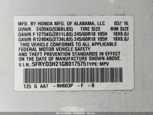 2016 Acura MDX, VIN: 5FRYD3H21GB017575