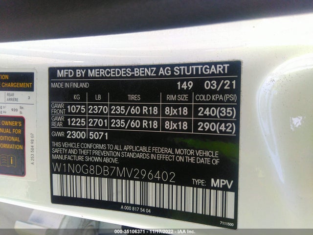 2021 Mercedes-Benz GLC-Class, VIN: W1N0G8DB7MV296402