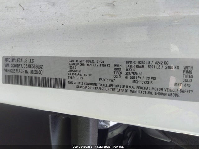 2021 Ram Promaster, VIN: 3C6MRVJG6ME568032