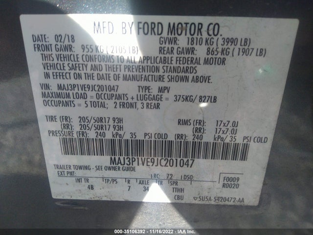 2018 FORD ECOSPORT TITANIUM VIN: MAJ3P1VE9JC201047