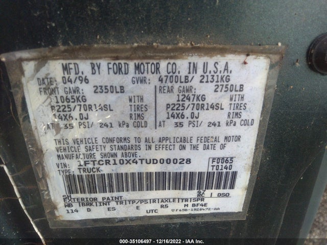 1996 FORD RANGER VIN: 1FTCR10X4TUD00028