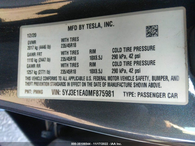 Tesla Model 3 Standard Range Plus 2021 5YJ3E1EA0MF875981 Image 9
