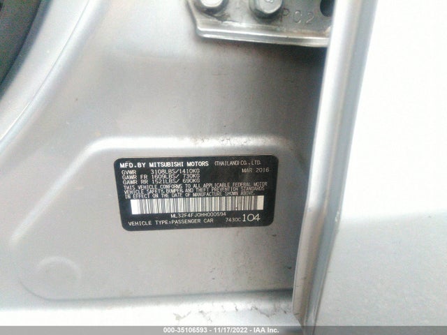 ML32F4FJ0HH000594 Mitsubishi Mirage G4 Se
