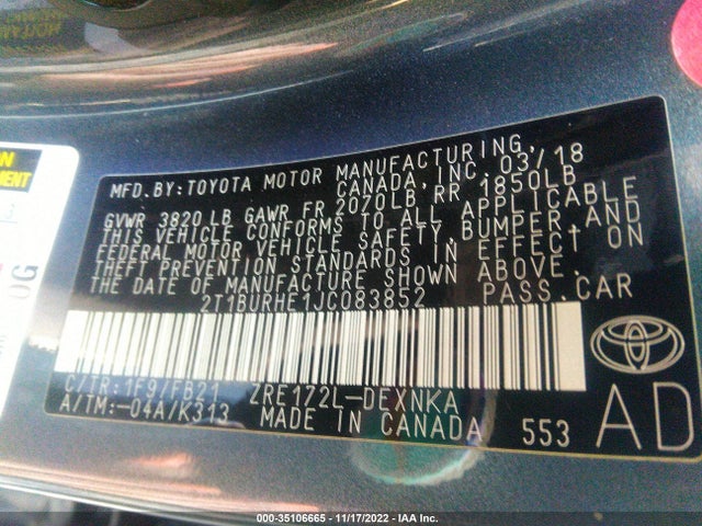 2018 TOYOTA COROLLA L/LE/XLE/SE/XSE VIN: 2T1BURHE1JC083852