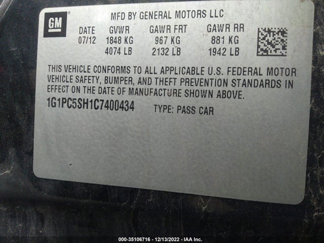 2012 CHEVROLET CRUZE LS VIN: 1G1PC5SH1C7400434