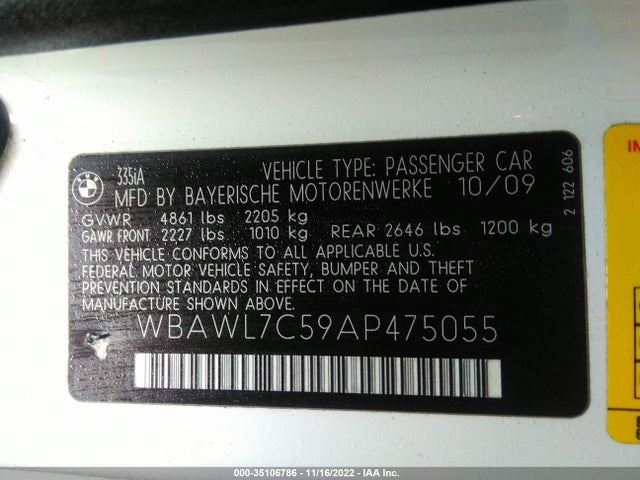 2010 BMW 3 SERIES 335I VIN: WBAWL7C59AP475055